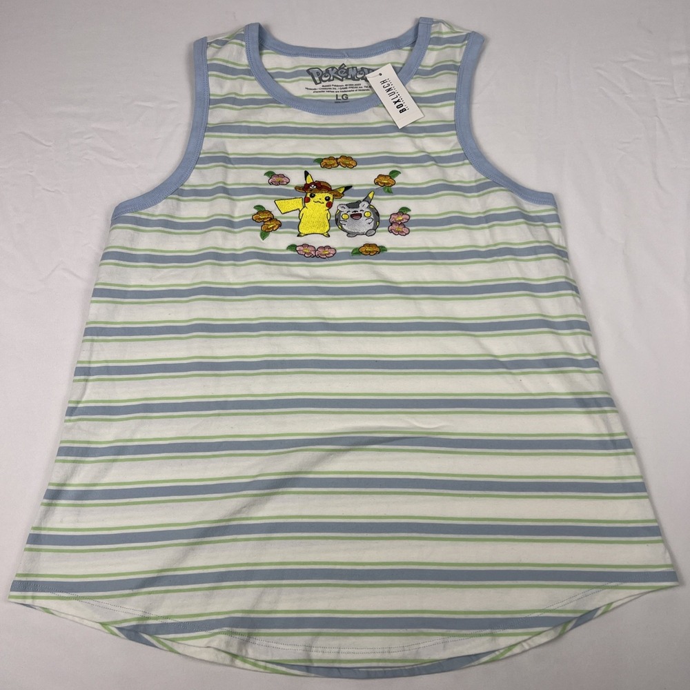 Pokemon L Women Pikachu Floral Stripe Tank Top Fun Summer Adult Striped Stripes